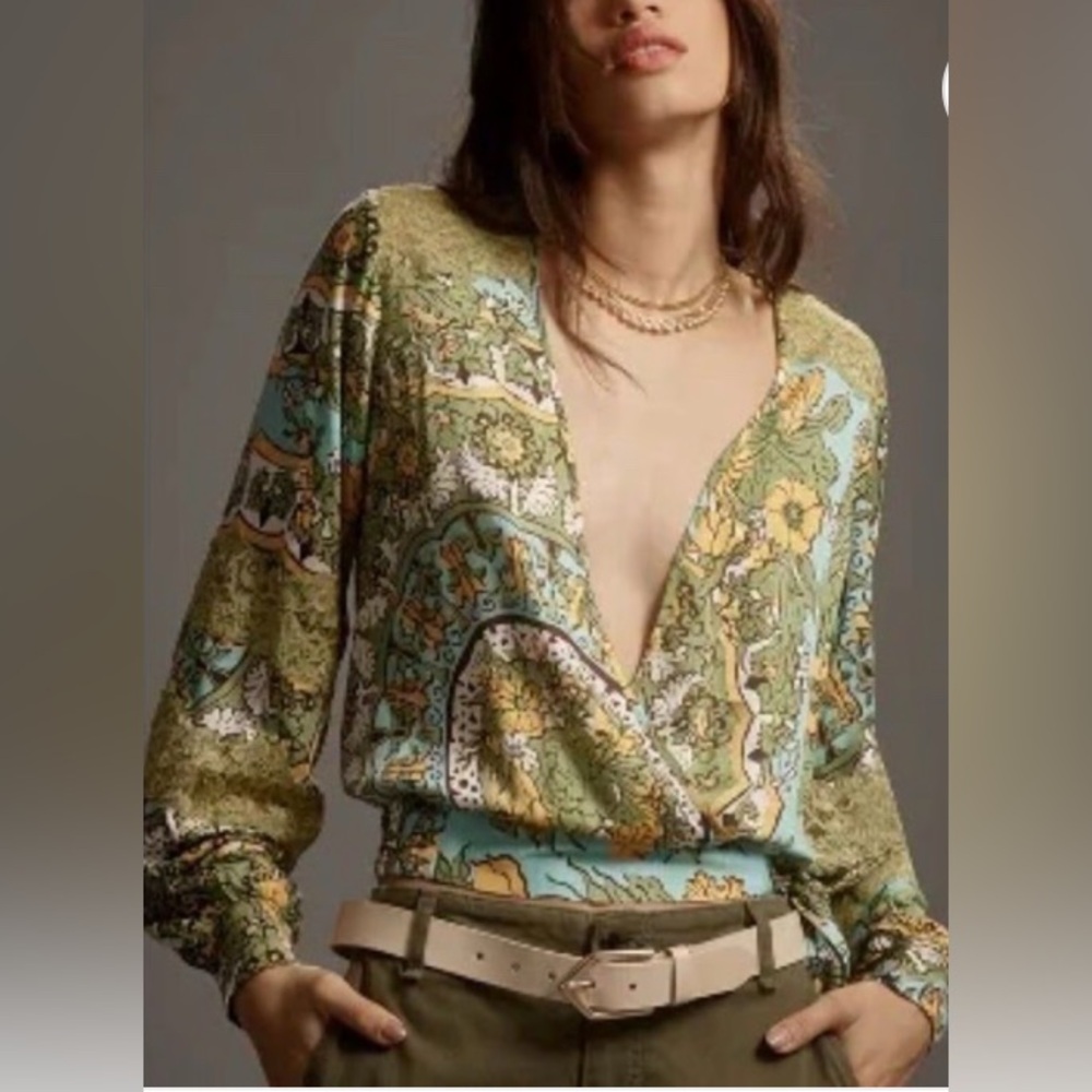 NWT, Anthropologie, Boho Floral Wrap Blouse with lace detail, Sz L